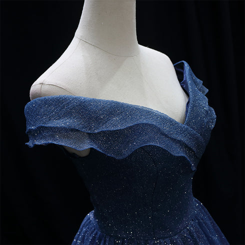 Gothic Royal Blue Tulle Ball Gown Wedding Dress - Off-Shoulder Wedding Dress - Corset Back Dress - Strapless Glitter Dress Plus Size